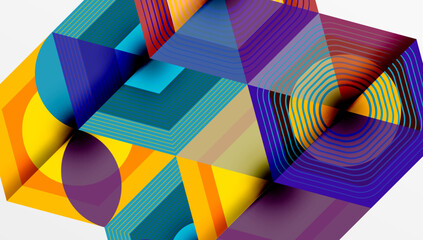 Obraz premium Abstract geometric composition. Vibrant colors, layered shapes create dynamic visual effect. Lines, angles, curves intersect. Modern design.