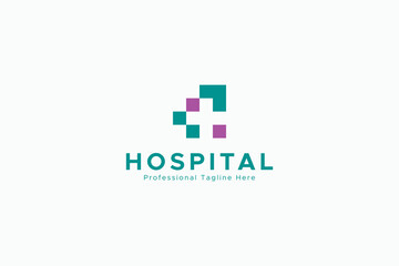 Hospital Logo Image. Negative Space Cross Sign With Square Pixels Isolated On White Background. Flat Vector Logo Design Template Element Usable For Healthcare And Medical Logos.