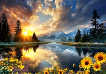 Breathtaking Sunset Landscape with Mountains Reflections Flowers Trees and Cloudy Skies