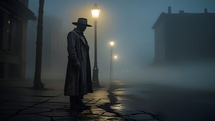 Mysterious Man in Trench Coat on Foggy Night Street under Lamp Post – Noir Detective Silhouette