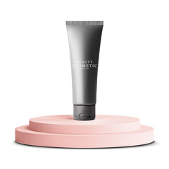 Realistick black mock up cosmetic tube on podium isolated on a white background. 3d black mock up cosmetic tube