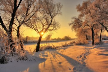 A Golden Sunset Illuminates the Snowy Path Through a Winter Wonderland