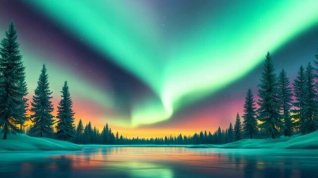 Northern lights aurora borealis night sky pine tree forest reflection winter snow lake colorful sky scenic tranquil outdoor wilderness twilight atmospheric peaceful frozen lake snow covered pine