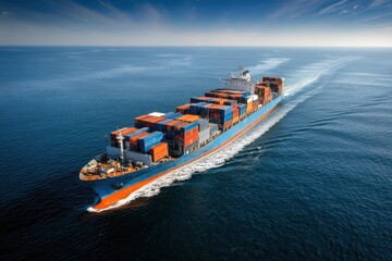 Fototapeta premium Cargo Ship Sailing on the Ocean Transporting Containers Across the Sea