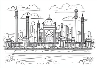 Skyline urbana con moschea stilizzata in bianco e nero