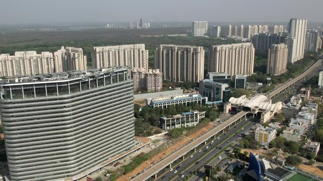 Drone Shot of DLF Golf Course Road Gurgaon &ndash; Aerial View of Luxury High-Rises, Modern Infrastructure, Green Spaces, and Premium Real Estate in Gurugram, India