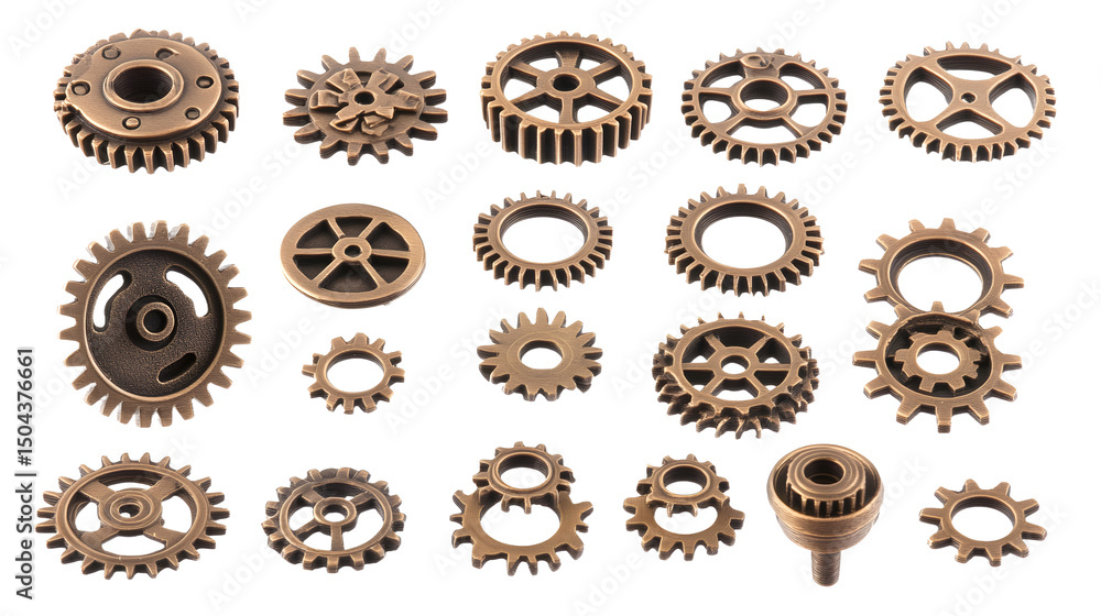 Poster assorted bronze gears and cogs connected mechanism, cut out transparent