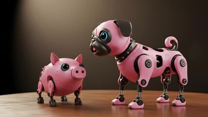 Pink robotic dog and pig figures