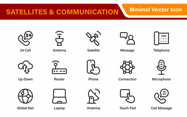 Modern Satellites and Communication Icons &ndash; Clean Outline, Line Art, Vector Illustrations for Space Exploration, Technology, and Communication Systems