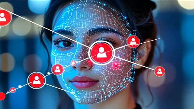 Woman with digital face recognition futuristic tech - Powered by Adobe