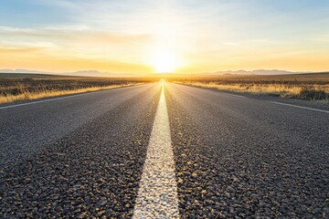 Scenic view of a sunlit road stretching towards horizon at sunrise