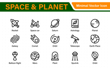 Modern Space and Planet Icons – Clean Outline, Line Art, and Vector Illustrations for Astronomy, Space Exploration, Planets, and Solar System Designs