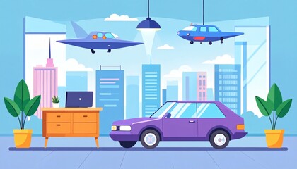 Futuristic Cityscape Flying Cars and Modern Interior Design
