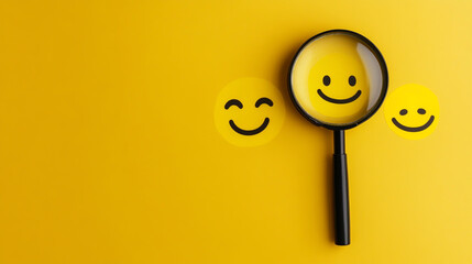 A magnifying glass over happy and sad face emoji symbols on a yellow background, symbolizing the concept of positive customer experience impact