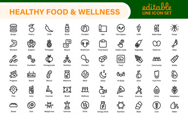 Essential Healthy Food & Wellness Icons. Perfect for Nutrition Guides, Diet Plans, Wellness Apps, Fitness Programs, and Holistic Lifestyle Designs
