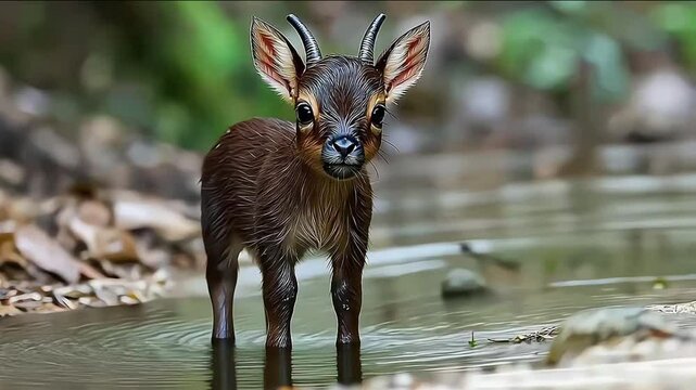 Small Dark Deer Kijang Standing Water Reflection Forest Edge