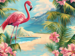A vibrant illustration features a pink flamingo on a tropical beach with lush palm trees and hibiscus flowers