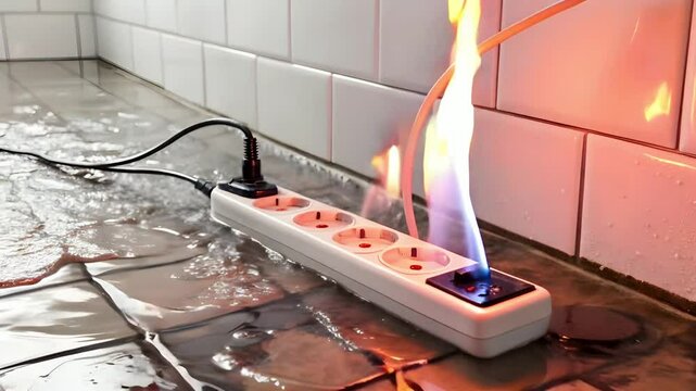 short electricity, electric plug accidently drop on bathroom, flooded on water and making fire ignite onto the plug, home safety awareness concept