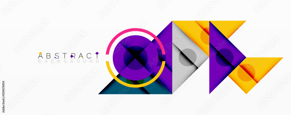 Poster modern geometric design. bright shapes overlap, creating dynamic composition. purple, yellow, teal h