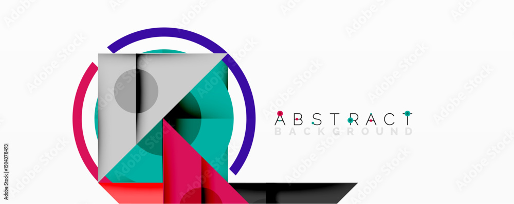 Poster Geometric shapes overlap, creating colorful abstract composition. Circles, squares, triangles form modern design. Minimalist style.