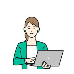 ノートパソコンを持つスーツ姿の女性のビジネスパーソンイラスト素材