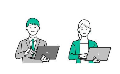 ノートパソコンを持つスーツ姿の男女のビジネスパーソンイラスト素材