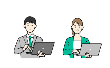 ノートパソコンを持つスーツ姿の男女のビジネスパーソンイラスト素材