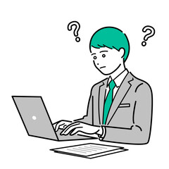 ノートパソコンを見て悩むスーツ姿の男性のビジネスパーソンイラスト素材
