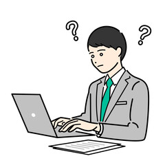 ノートパソコンを見て悩むスーツ姿の男性のビジネスパーソンイラスト素材