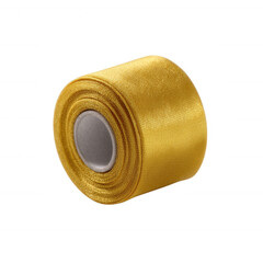 Golden satin ribbon roll on a white isolated background, perfect for crafts, decorations, and gifts.