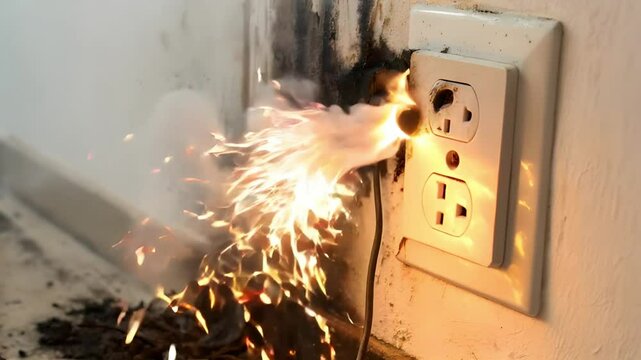 Spark coming out from electrical socket instalation, bad electrical instalation, home safety awarness concept
