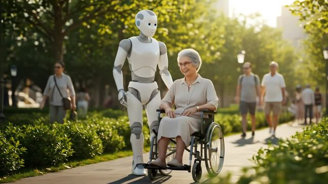 Robot helping elderly woman walk outdoors