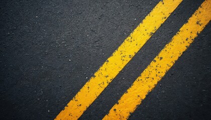 Close-up asphalt road view. Yellow double lines. Dark gray grainy surface texture. Transportation infrastructure. Direction guidance, road marking for traffic, lane separation. Road, highway