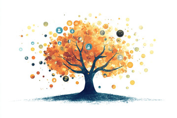 A tree composed of various social media icons, set against a white background, in a vector illustration style with simple and clean lines