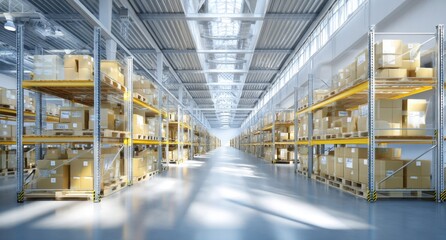 Warehouse with Rows of Racks Filled with Boxes Interior Distribution Center