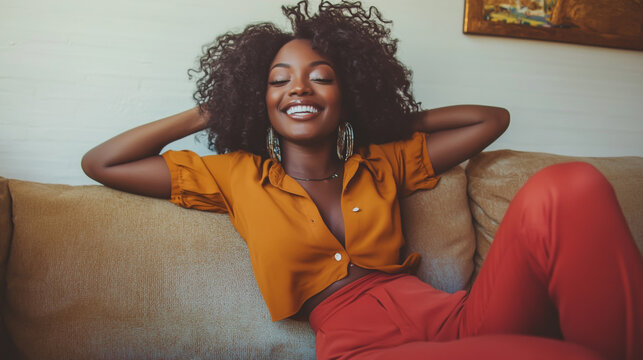 Cheerful Black woman lounging on couch, peaceful healthy home lifestyle indoors