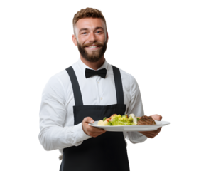 A smiling waiter in a bow tie carries a plate of delicious food ready to serve.
