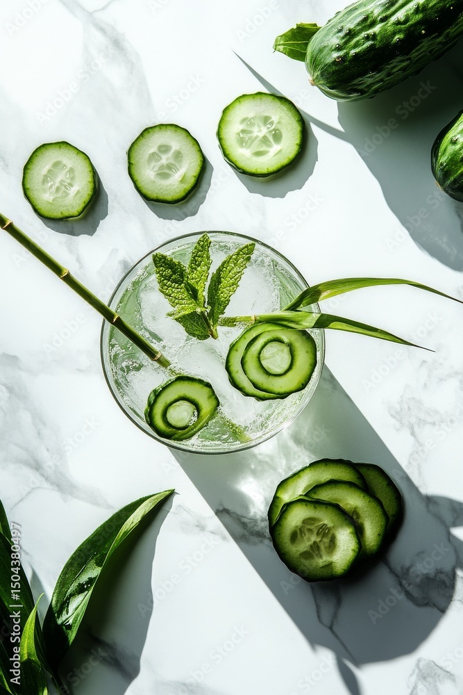 Poster refreshing cucumber drink garnished with fresh slices on a marble surface