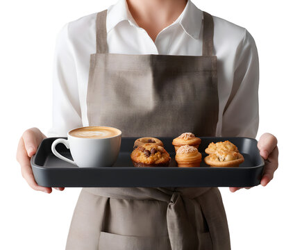 A server presenting a tray of coffee and pastries, a delightful morning treat in a cafe setting.