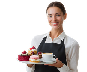 A friendly waitress smiles while holding a tray of pastries and a cappuccino.