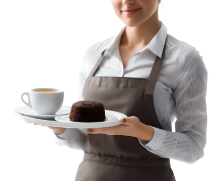 A smiling waitress presents coffee and a delicious chocolate cake on a tray, ready to serve.