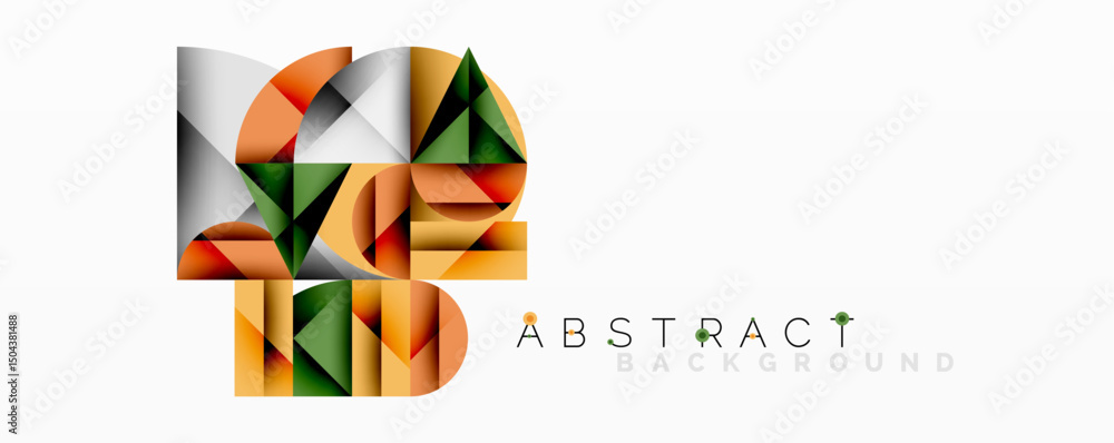 Poster geometric shapes overlap creating modern design. orange, green, gray tones dominate composition. min