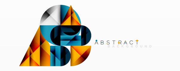 Geometric shapes create abstract design. Orange, blue, gray tones blend seamlessly. Modern aesthetic, clean lines present visual harmony.