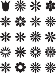 A collection of  black flower silhouette icons in various shapes and styles, arranged in a 4x5 grid on a clean white background (3)_traced