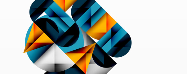 Abstract geometric composition. Shapes overlap, creating dynamic visual interest. Blue, orange hues dominate white background. Modern design.