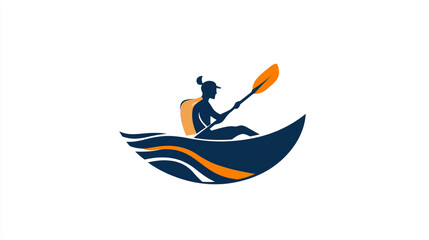 Fototapeta premium Simple, flat vector logo of an athlete in a blue kayak, on a white background, with orange and navy colors, using simple shapes in a minimalist style, with no text