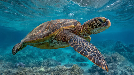 Fototapeta premium Endangered Hawaiian Green Sea Turtle gliding through ocean waters, a serene glimpse of marine conservation in action series