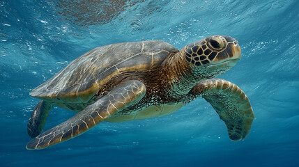 Fototapeta premium Endangered Hawaiian Green Sea Turtle gliding through ocean waters, a serene glimpse of marine conservation in action series