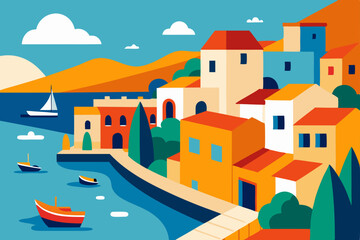 mediterranean coastal village with colorful houses.svg