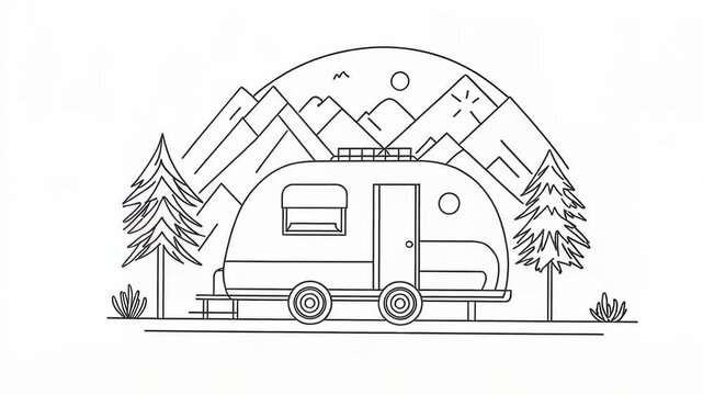 Detailed linear drawing of a camping trailer with a mountain backdrop and natural elements